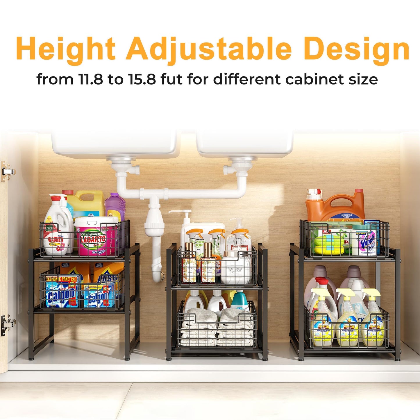 Under Sink Organizer, 2-Tier Pull Out Cabinet Organizer, Kitchen Bathroom Organizer and Storage, Spice Rack for Kitchen, Multi-use Sliding Drawers Shelves, Pack of 2