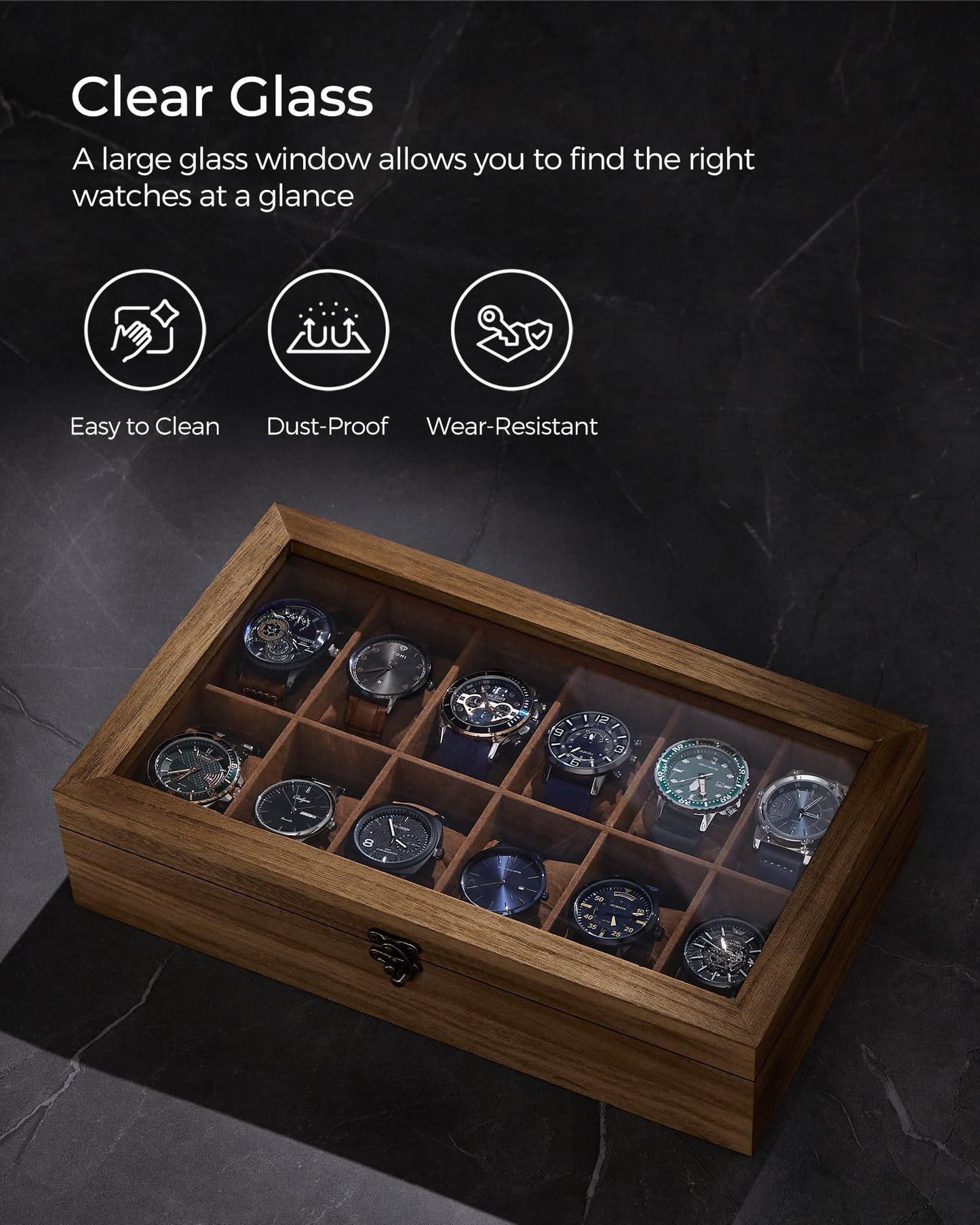 SONGMICS 12-Slot Watch Box, Watch Display Case with Large Glass Lid, Removable Watch Pillows, Velvet Lining, Gift Idea, Rustic Walnut UJOW120K01