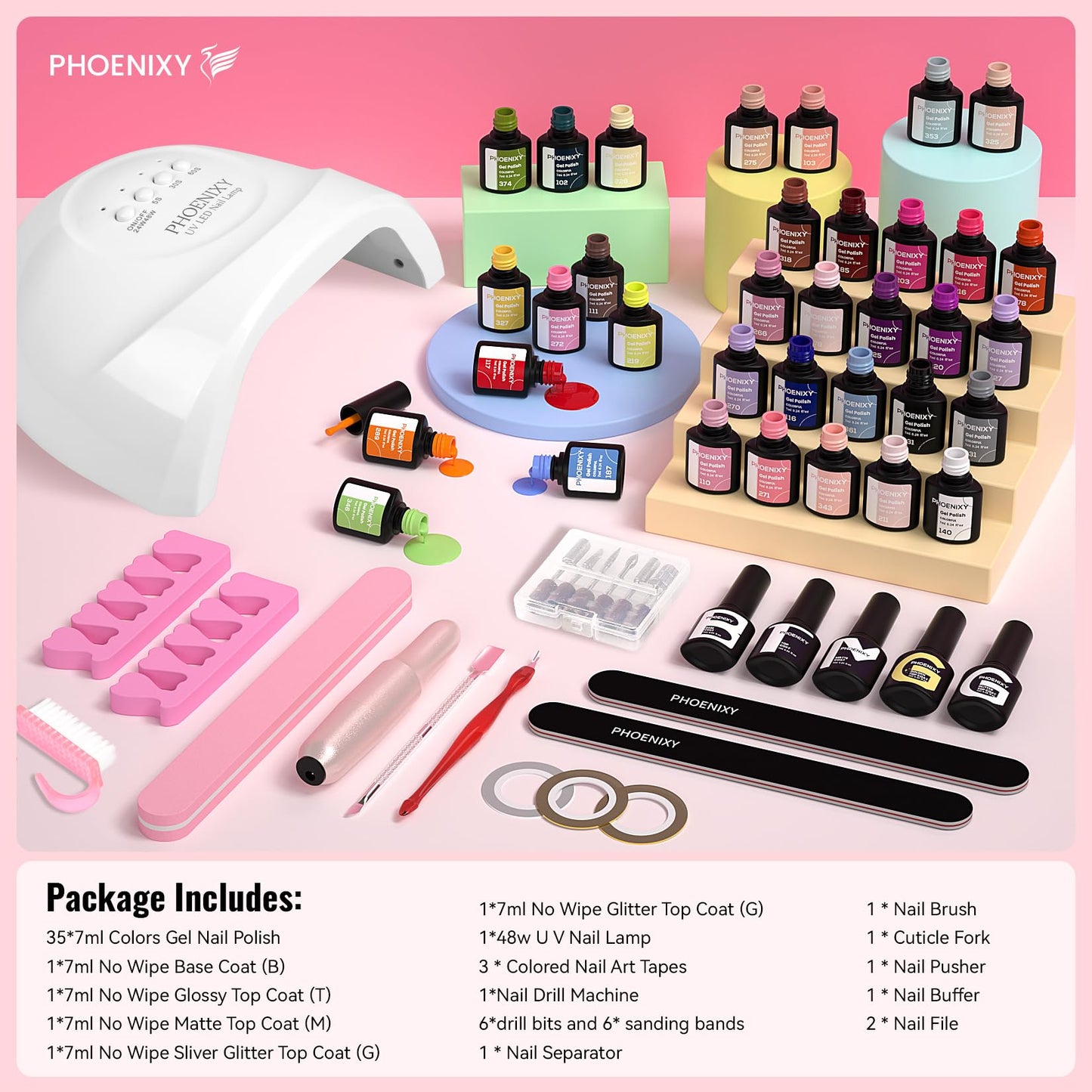 PHOENIXY 53 Pcs Gel Nail Polish Kit with U V Light Nail Drill, 35 Colors Gel Nail Kit Pink 5Pcs Glossy Matte Glitter Gold Silver Top Base Coat for DIY Home Manicure Gift Sets for Women