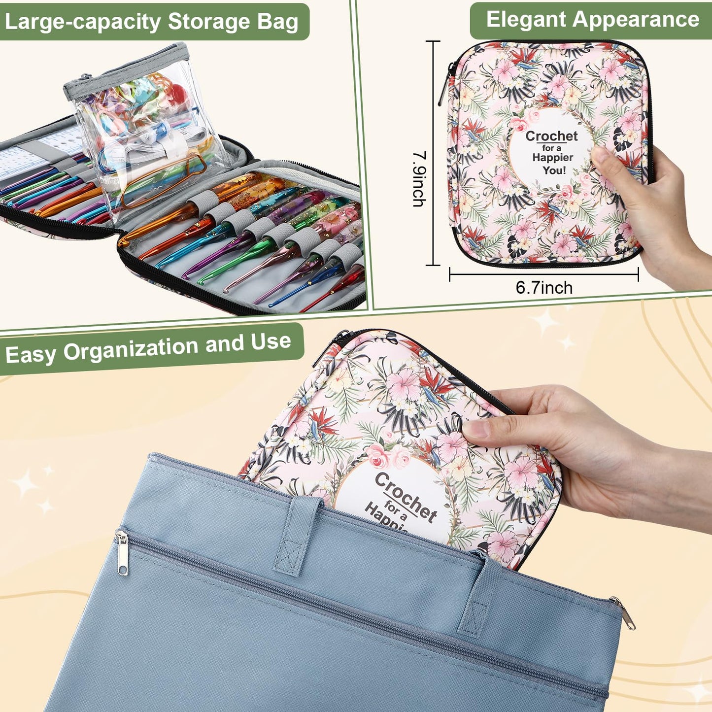Riceshoot 86 Pcs Crochet Hook Set, 2.0mm-8.0mm Ergonomic Crochet Hooks with Long Floral Handle for Beginners Crocheting Lovers, Includes Storage Bag and Other Accessories