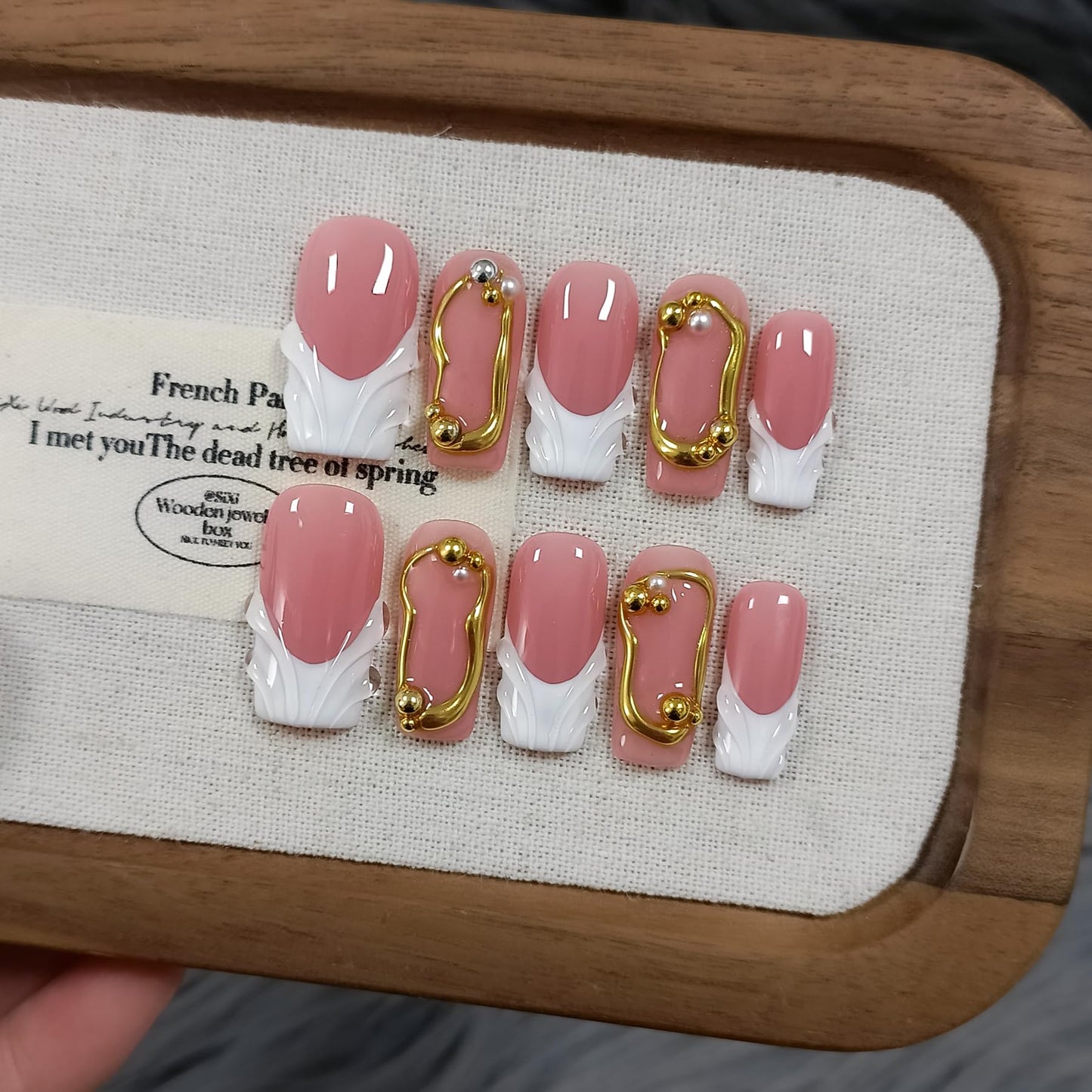 TENPAL Sheer Handmade French Tips Press on Nails Long Square 3D Embossed White Tip Nude Pink Fake Nails for Parties Daily Modern Minimalist Glossy False Nails for Women Gifts 10pcs(S)