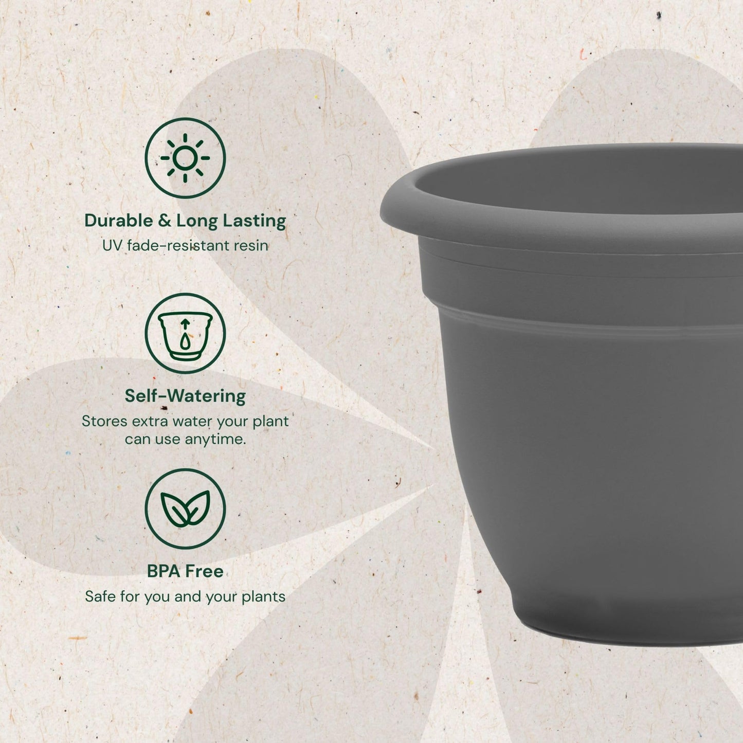 Bloem Ariana 12" Self-Watering Plastic Planter - Rolled Rim Indoor/Outdoor Garden Pot, Charcoal, 2-Pack
