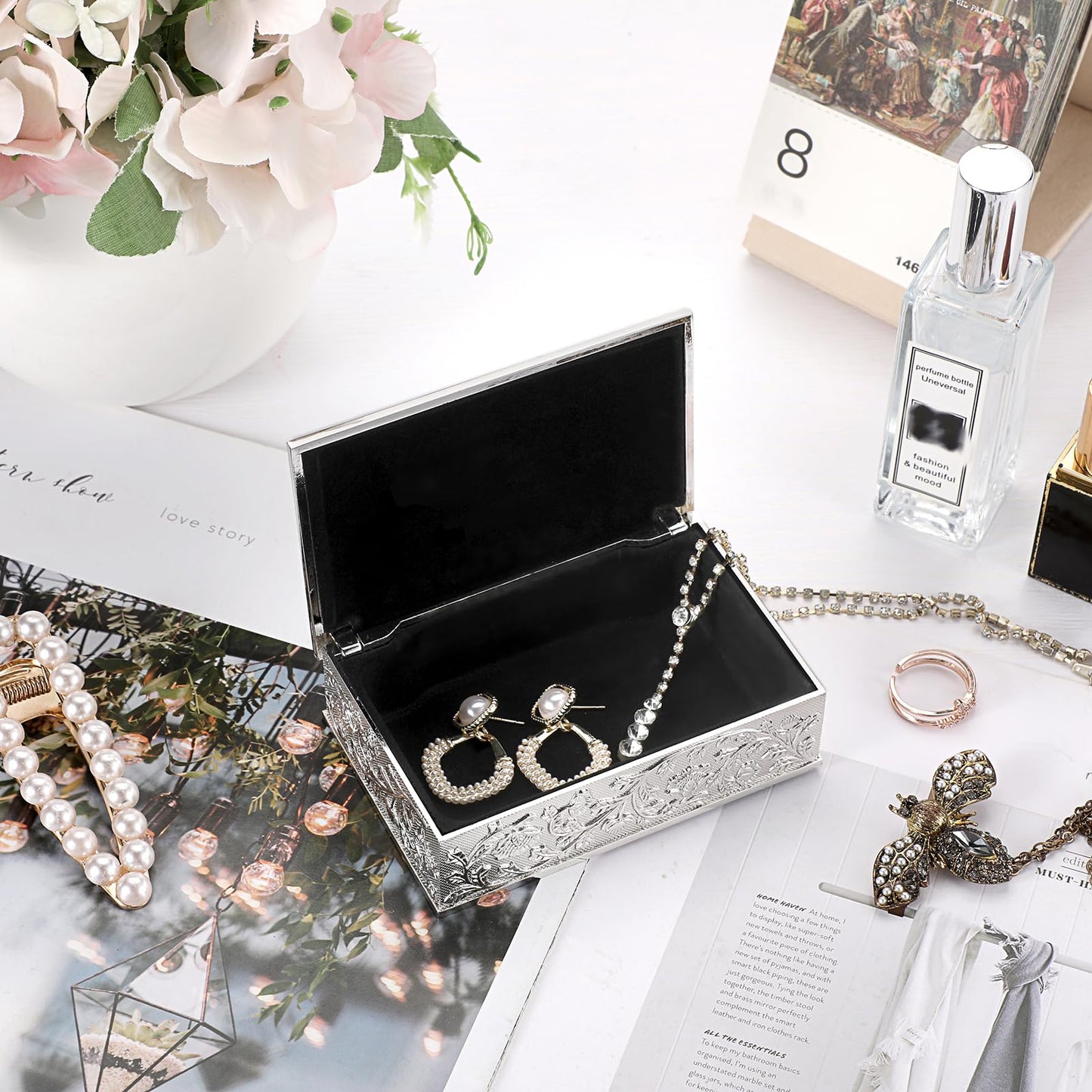 Hipiwe Rectangular Silver Jewelry Box Small Trinket Storage Box Deluxe Treasure Chest Case Earring Ring Necklace Organizer Decorative Keepsake Box Christmas Gift for Women