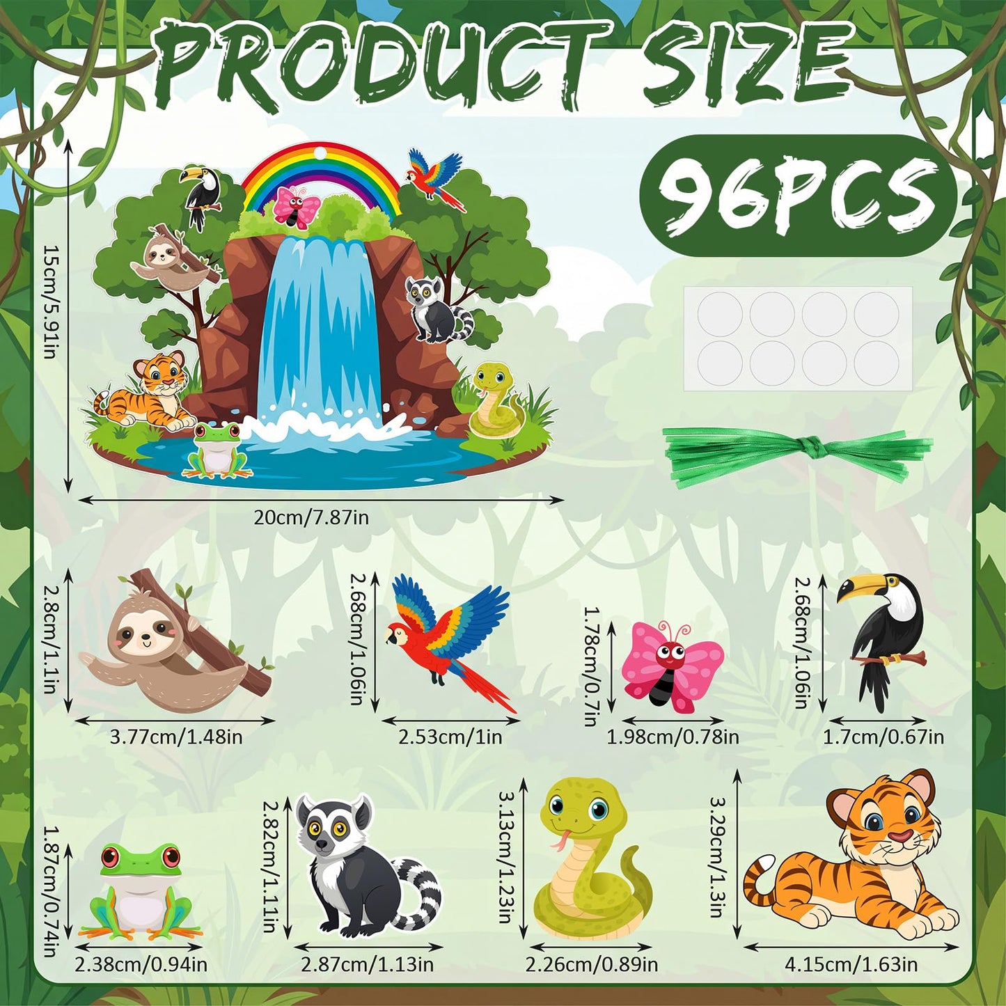 MotiMind 96 Pack Rainforest Fall Animal Craft Kits for Vbs 7.87 Inch Jungle Waterfall Rainbow Scene with Animal Stickers Rainforest Falls Craft Set for Sunday School Church DIY Hanging Decoration