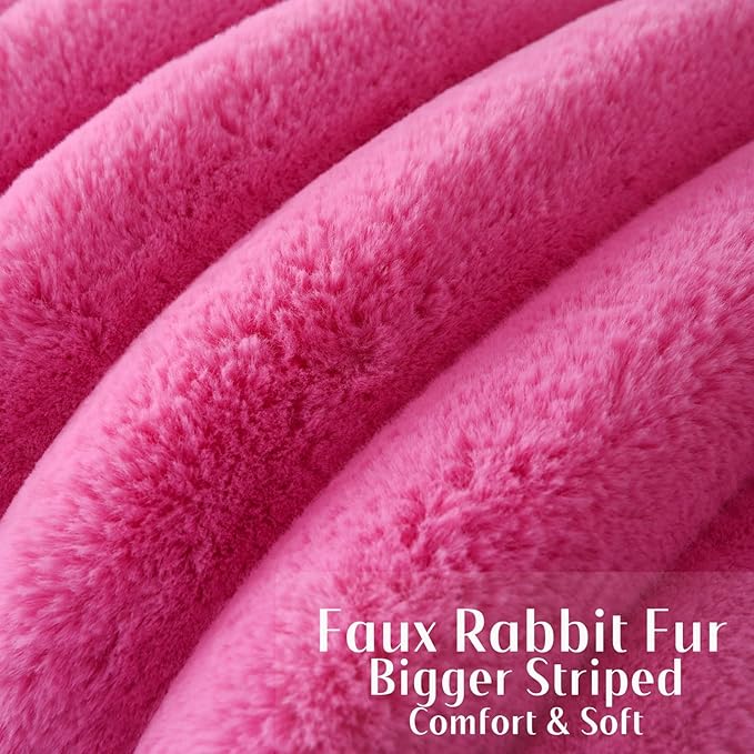 FUTEI Hot Pink Decorative Throw Pillow Covers 22x22 Inch Set of 2, Square Soft Faux Rabbit Fur Thick Striped Cushion Cover,Winter Home Decor for Couch Bed Living Room