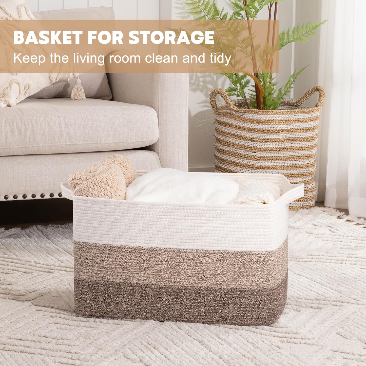 OIAHOMY Extra Large Blanket Basket, 95L Woven Storage Basket, Cotton Rope Toy Bin for Baby Room, Container for Storage in Living Room, 24''×17''×14'', Gradient Brown