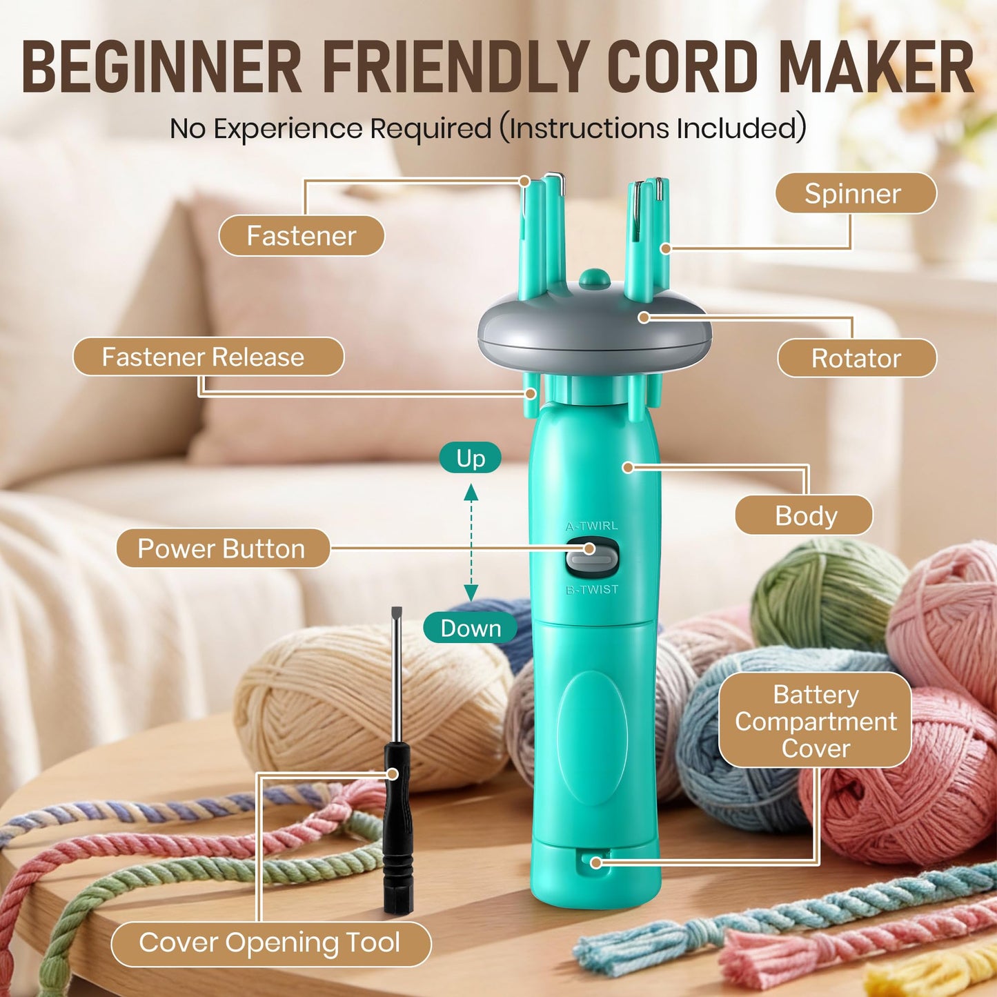 Gulfmew Portable Cord Maker & Fringe Twister, Handheld Yarn Crafting Tool for DIY Macrame & Knotting, Lightweight & Beginner-Friendly, Twisting Tassels in Seconds for Scarves(Green)