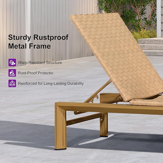 PURPLE LEAF Patio Chaise Lounge Rattan Chair Outdoor Pool Adjustable Recliner Wicker Lounger for Outside Woven Furniture Tanning Poolside Lounger Sand Brown