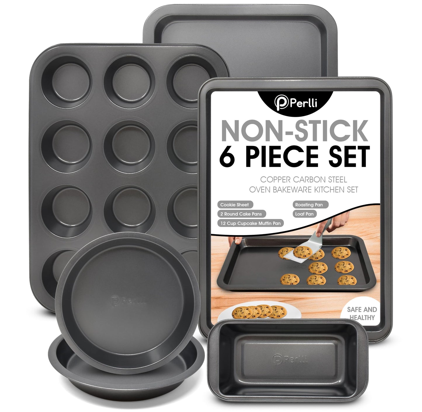 PERLLI Non-Stick 6-Piece Bakeware Set – Carbon Steel with Even Heat Distribution, Oven Safe to 446°F, BPA-Free, Dishwasher Safe, Stackable Baking Tools for Easy Storage and Everyday Cooking - Gray