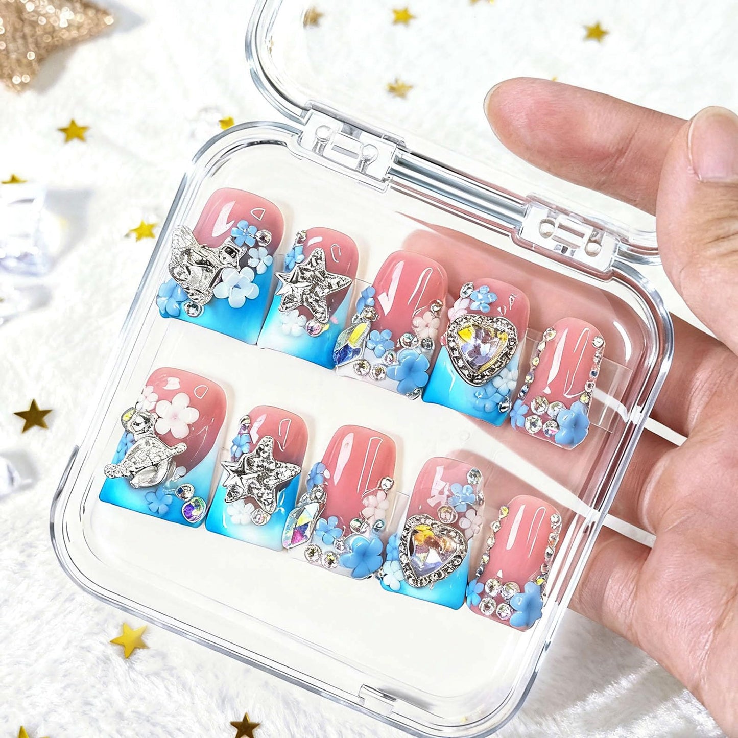 10 Pcs Handmade Acrylic Press on Nails Short Duck Fake Nails with Design 3D Flower Rhinestone Charm Glue on False Nails Blue White French Tip Artificial Handmade Nails for Women - Size M