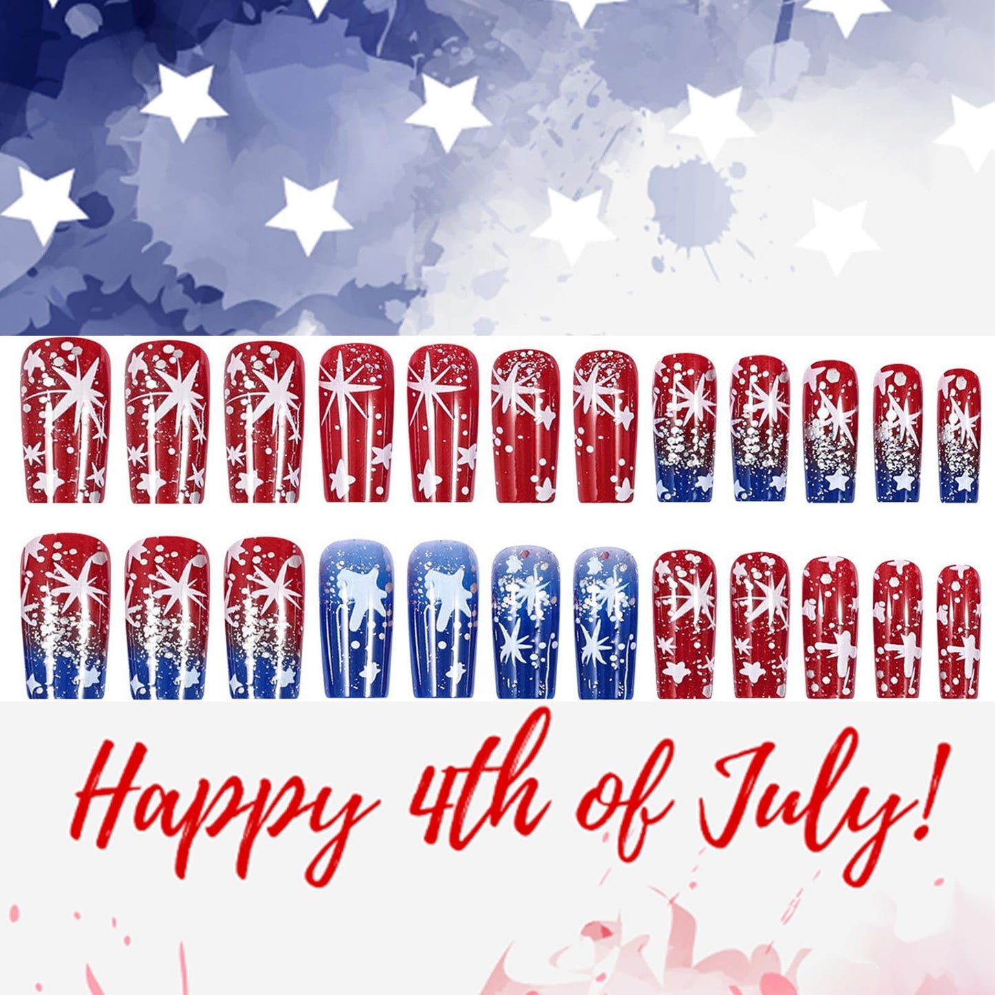 Independence Day Press on Nails Medium Square Fake Nails with Stars Design Red Blue False Nails 4th of July Patriotic Nails Full Cover Glue on Nails Acrylic Stick on Nails for Women 24Pcs