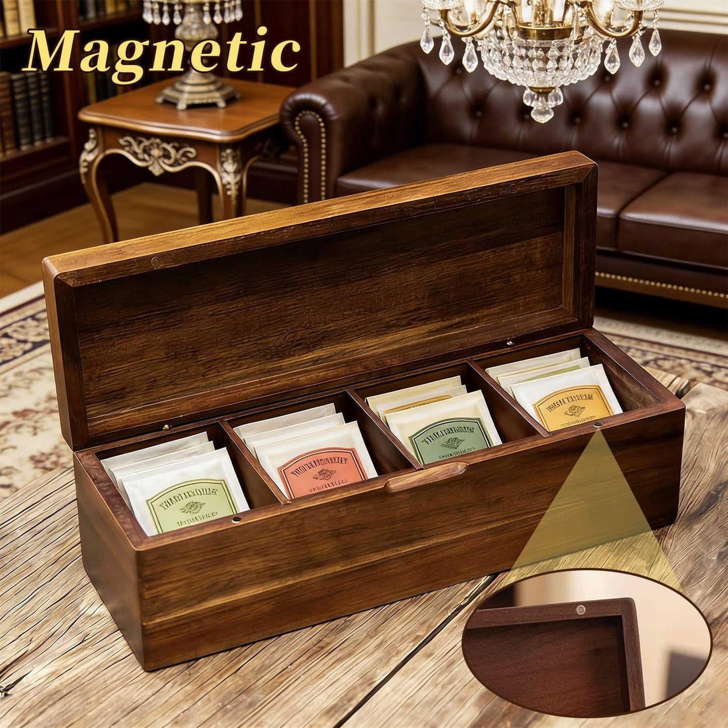 YAOYAO LAND Acacia Wood Tea Bag Organizer with Compartments, Tea packet Storage Boxes & Display Caddy, Multi-Slot Teabag Holder Container Chest for Countertop, Organizador de Té