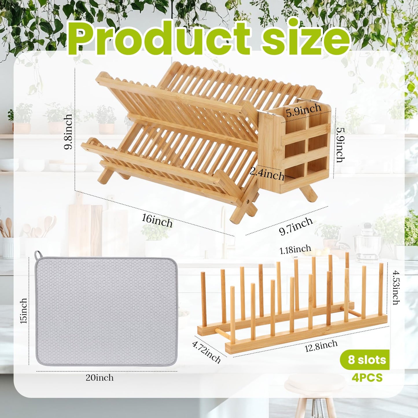 Chicmount 6 Pcs Dish Drying Rack Set 2 Tier Bamboo Collapsible Dish Rack with Utensil Holder Plate Holder and Mat for Kitchen Organizer, Cabinet Pot Lid, Bowl, Cup, Chopsticks, Utensils