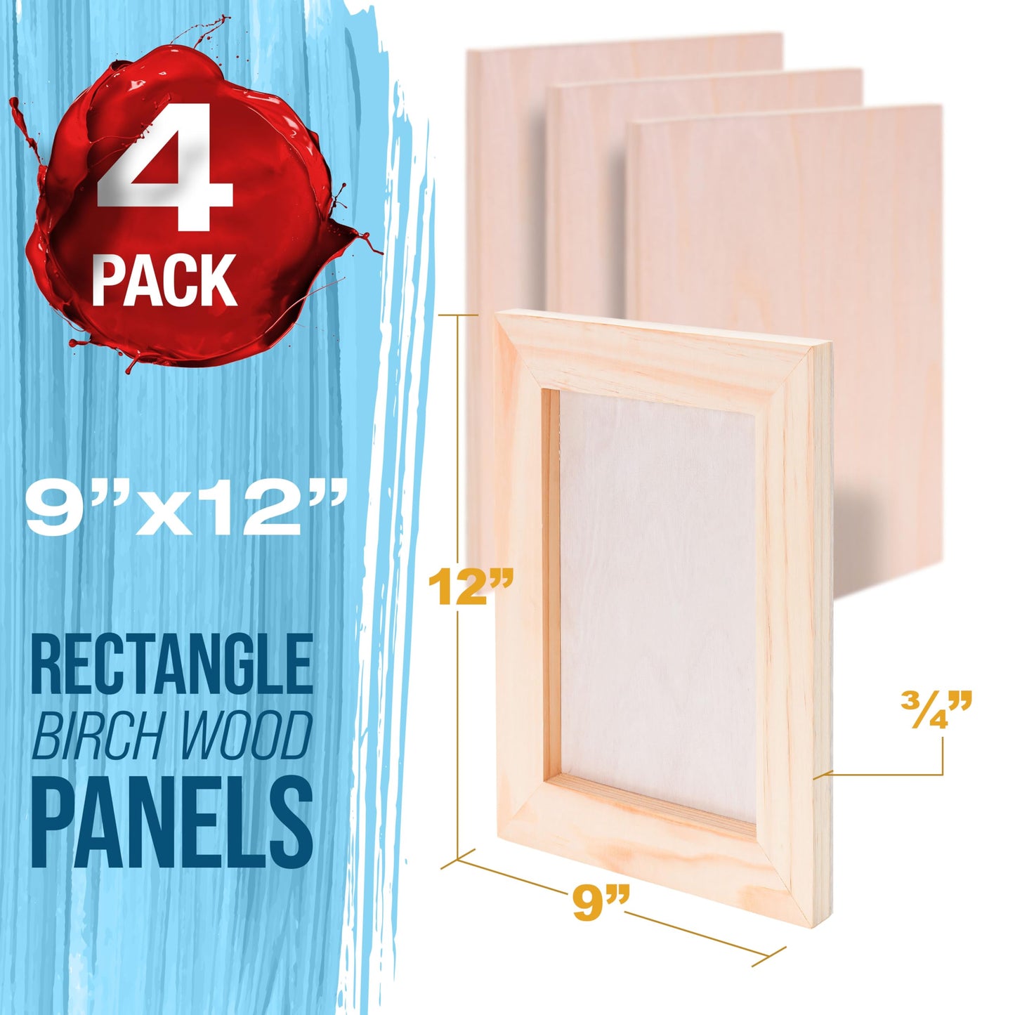 U.S. Art Supply 09" x 12" Unfinished Cradled Wood Panels for Painting, Studio 3/4" Deep (4 Pack) - Artist Depth Birch Wooden Wall Canvases - Mixed-Media Craft, Acrylic, Oil, Encaustic, Paint Pouring