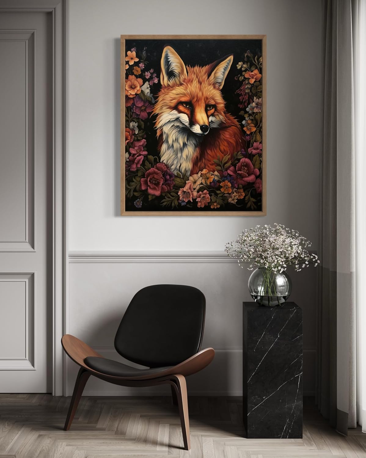 Fox and Flower Poster Art Print, Halloween Scary Vintage Wall Art Academia Spooky Painting Decoration for Horror Prints, Gothic Posters Bedroom Decor 89 (Fox and Flower, 8 x 10 inches, Wood Frame)