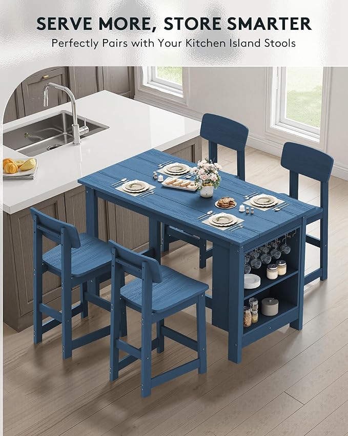 SERWALL Outdoor Bar Stools Set of 2, All Weather HDPE 25" Counter Height Bar Stools with Back, Outdoor Armless Barstools for Patio, Garden, Backyard, Balcony, Poolside, Blue