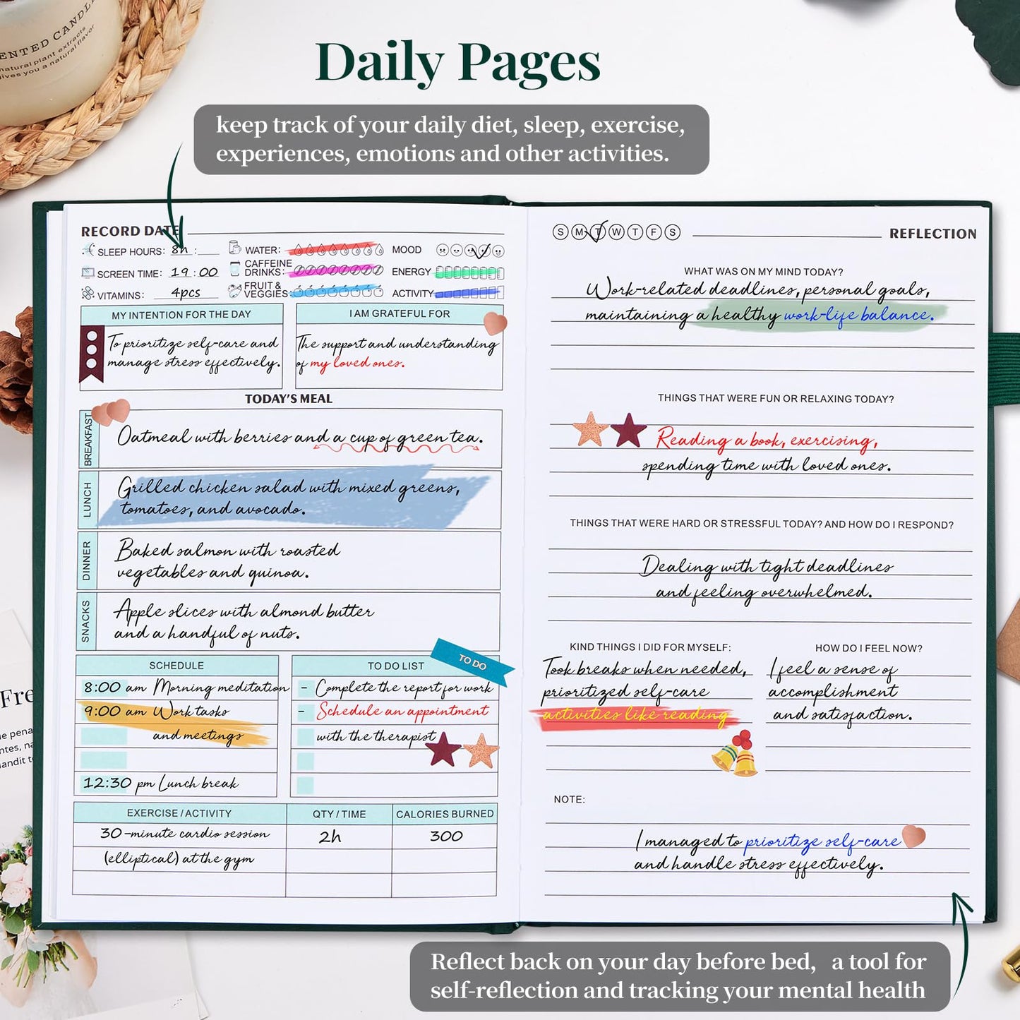 Mental Health Journal, Anxiety & Guided Journal for Women, 91 Days Self-Care Journal to Practice Positive Thinking, ADHD Planner with Mood Tracker (A5 Size)-Dark Green