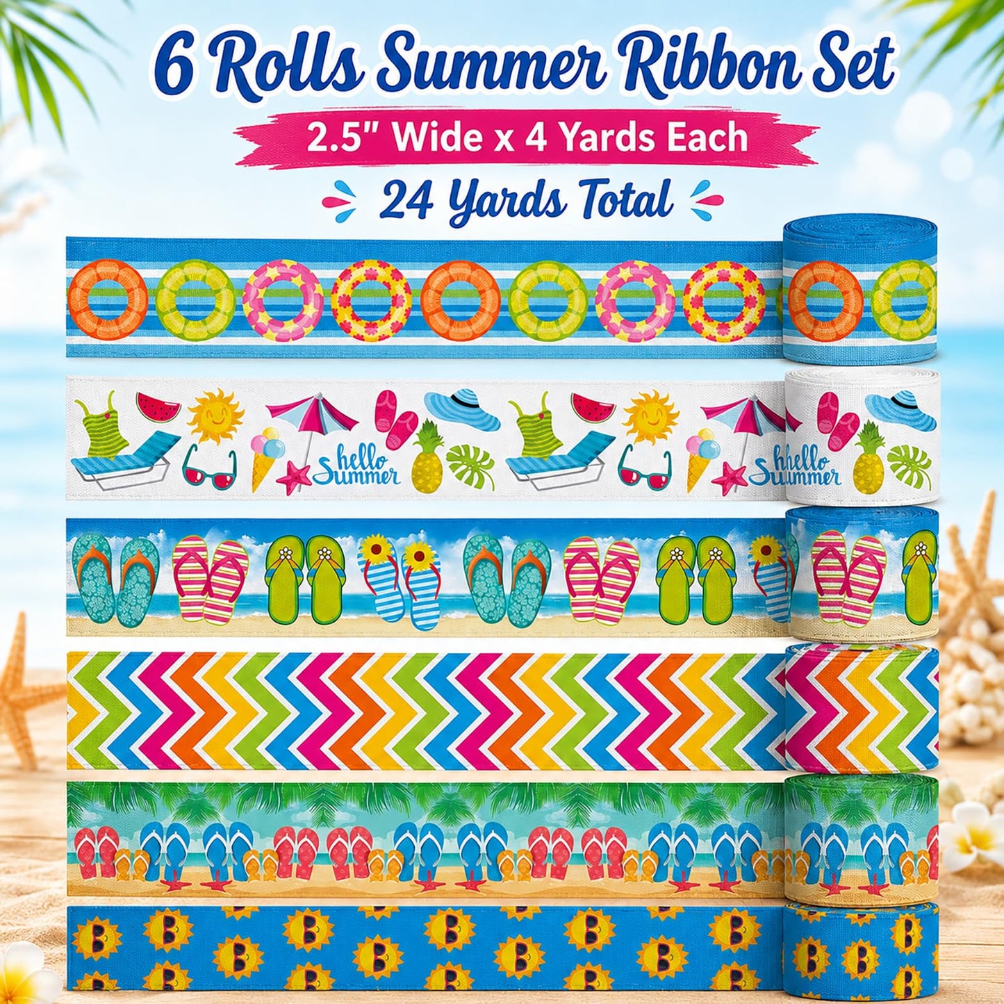 6 Rolls Summer Wired Edge Ribbons, 24 Yards 2.5 in Flip Flop Sunshine Stripe Patterns Gift Wrapping Ribbon for Beach Themed DIY Crafts Bow Wreath Summer Party Decorations