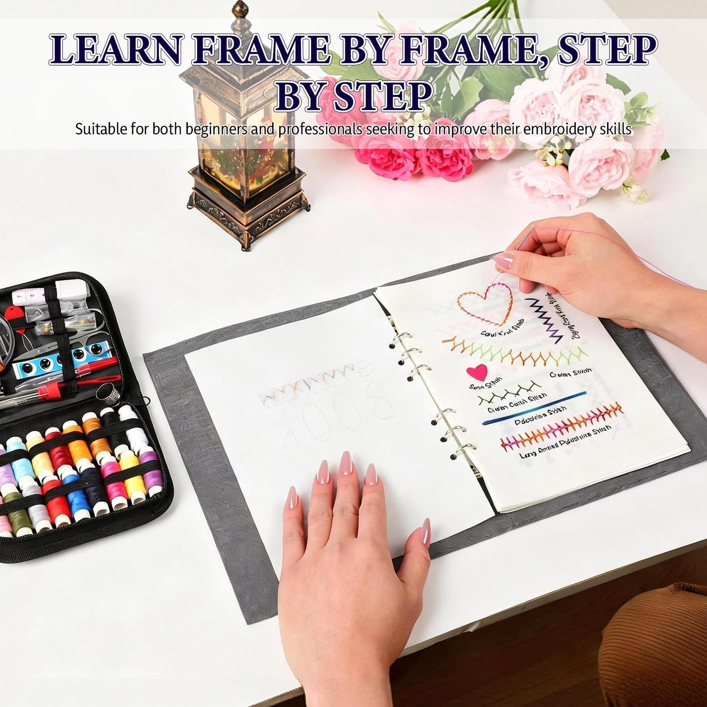 COLORCASA New Embroidery Stitch Book Kit,Embroidery Learning Book,Comes with a Complete Tool kit and Instructional Tutorial,106 Patterns for Beginners Craft Lovers and Sew Enthusiast