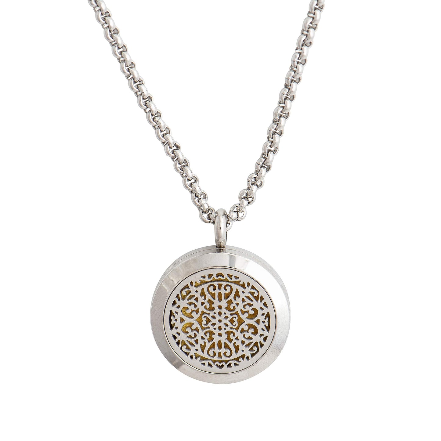 Wild Essentials Wrought Iron Essential Oil Diffuser Necklace, Stainless Steel Locket Pendant with 24 inch Chain, 12 Color Refill Pads, Customizable Color Changing Perfume Jewelry for Aromatherapy