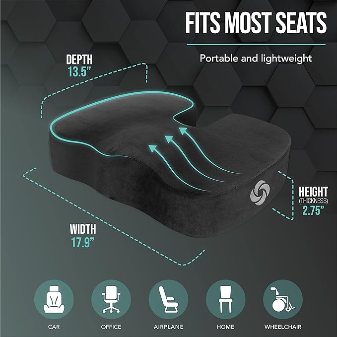 Samsonite Orthopedic Seat Cushion – Premium Memory Foam Ergonomic Seat Cushion for Office Chair, Car, Desk & Gaming – Pressure Relief for Sciatica, Tailbone, Hip & Back Pain with Non-Slip Cover