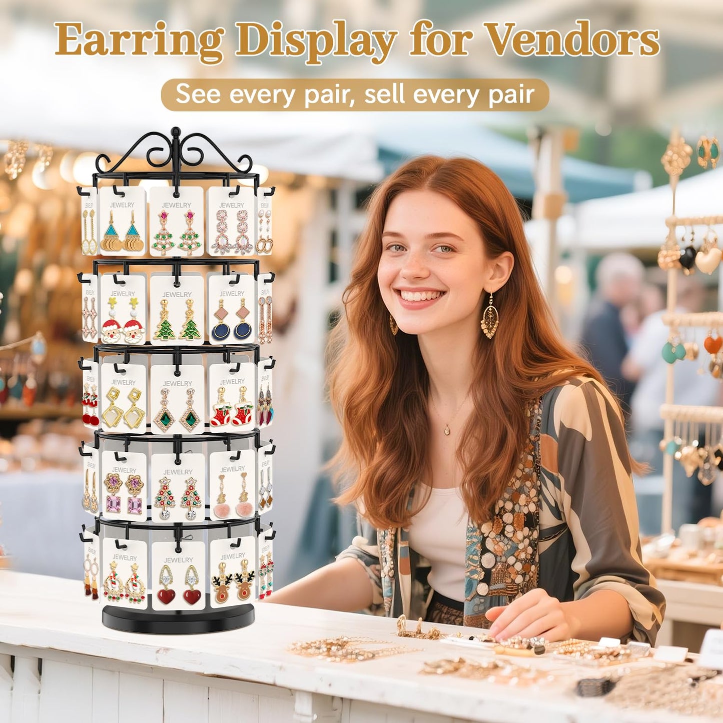 MODOWEY Earring Card Display Stand for Vendors, 50 Hooks Metal Rotating Organizer Rack Holder, 5 Tier Adjustable Jewelry Tree for Stud Pierced Dangle Selling, Boost Sales Compact Earing Hanger, Black