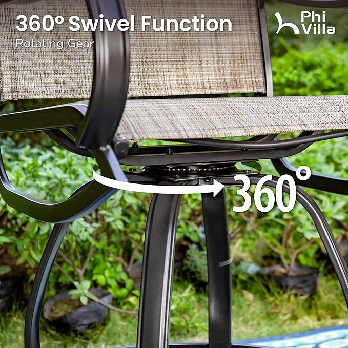 PHI VILLA 3PCS Patio Bar Set, Metal Bar Height Table and 2 Counter Height Swivel Chairs with Textilene Fabric and Thickened Black Metal Frame,High Patio Furniture for Garden,Yard