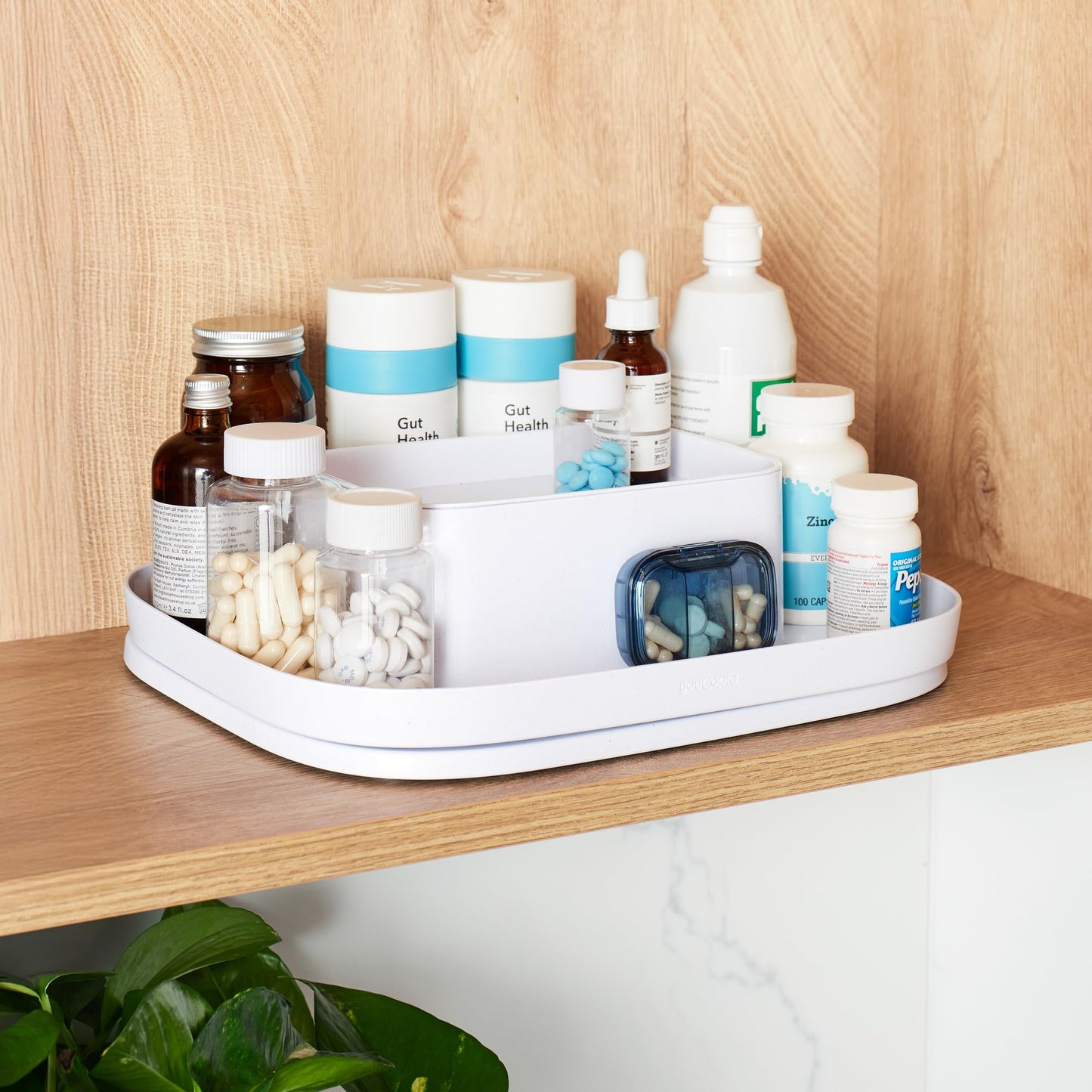 YouCopia MagicTrack Rectangle Lazy Susan Turntable 2-Tier Spice Rack: Jar & Bottle Storage Organizer for Kitchen and Bathroom with 360° Spin, Non-Slip, White Speckled BPA-Free