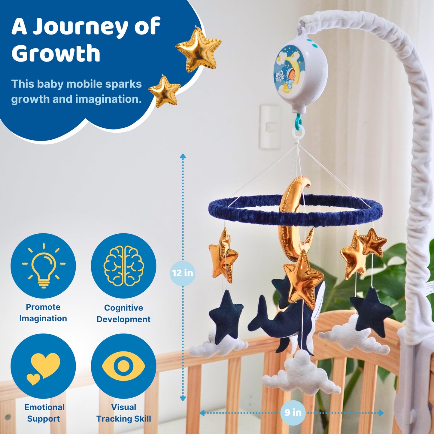 Whale Baby Mobile for Crib - Nautical Stars & Moon Crib Mobile for Boys - Rotating Musical Baby Boy Mobile with 12 Lullabies - Navy Blue Nursery Decor Gift