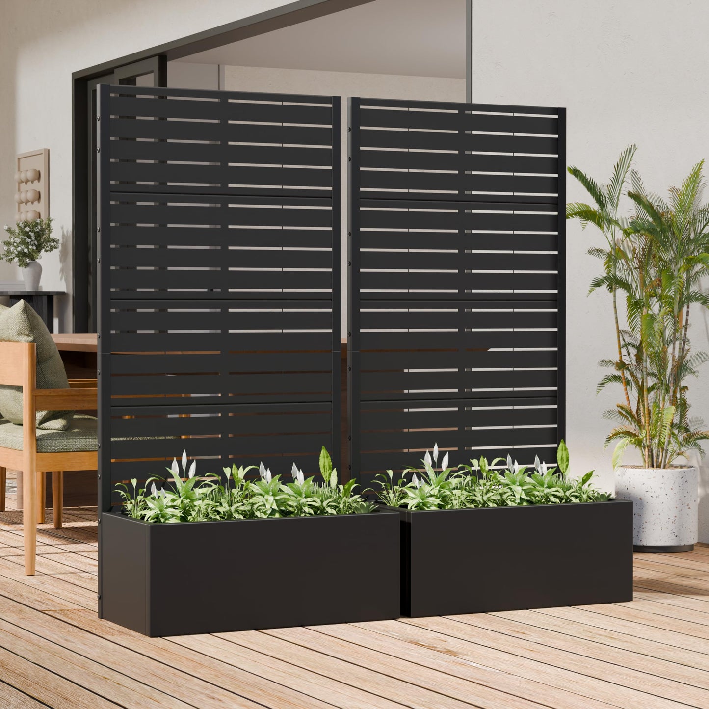 Casaphoria Metal Raised Garden Bed with Trellis, 59"x30"x12" Planter Box for Climbing Plants, Vegetables & Vines, Features Drainage Holes and Privacy Screen (Black-Louvered)