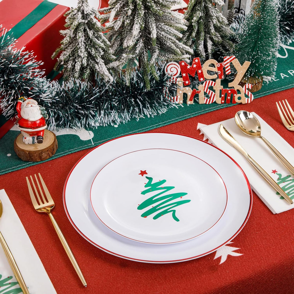 LIYH 60 Pcs Christmas Plates Disposable Heavy Duty, White Plastic Christmas Plates with Red Rim, Tableware Dishes, Xmas Party Decorations Holiday Party Supplies Serve for 30 Guests