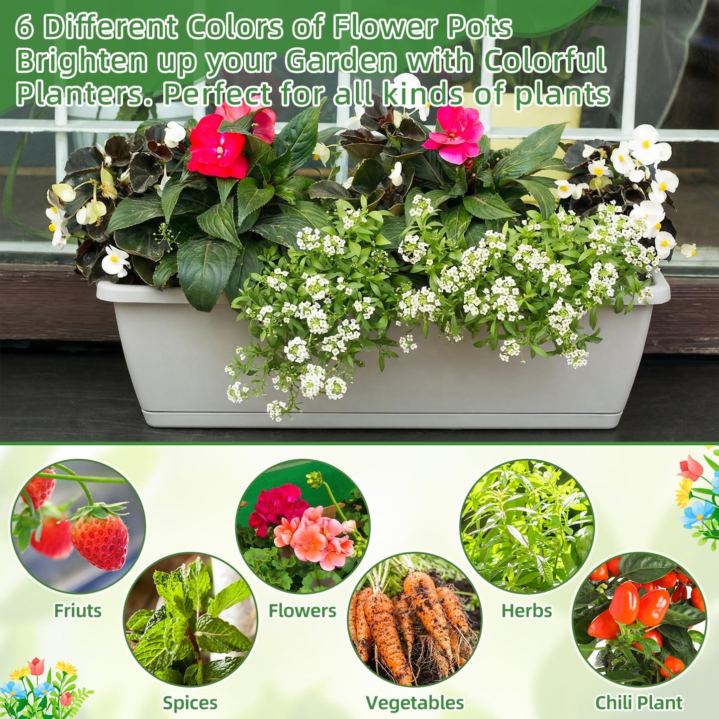 Purpeak 12 Pack Window Box Planter 17 Inches Rectangular Vegetable Flower Planters with Drainage Holes and Saucers Plastic Flower Pots Coloful Herb Planter for Indoor Outdoor Patio Garden Home Decor