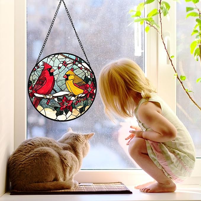 DASTOLL Stained Glass Window Hanging, Love Birds Cardinals Sun Catchers Colorful Glass Panel Birds Suncatcher Decor for Birthday for Women, Men, Wife, Lovers, and Mom 7.8 in