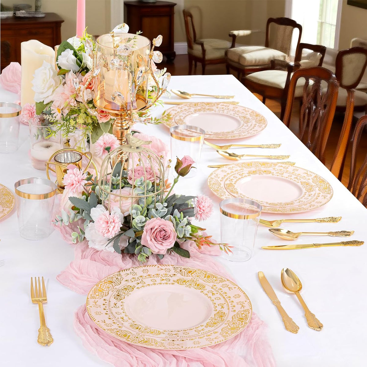 GATHER 350PCS Pink and Gold Plastic Plates - Gold Disposable Dinnerware Set Include 50 Dinner Plates, 50 Dessert Plates, 150 Plastic Silverware, 50 Napkins, 50 Cups for Party & Wedding