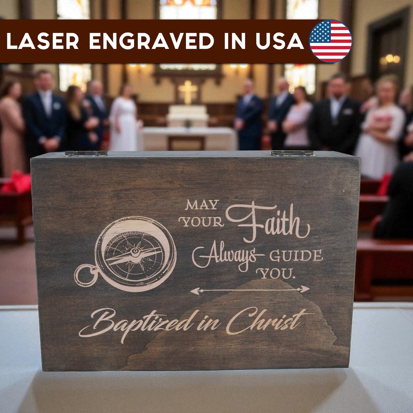 Engraved Baptism Memory Box – Wooden Keepsake Box for Christening Gifts, Baby Dedication, or First Communion – Medium Size – Dark Walnut Finish – 8.5 x 6 x 3 in