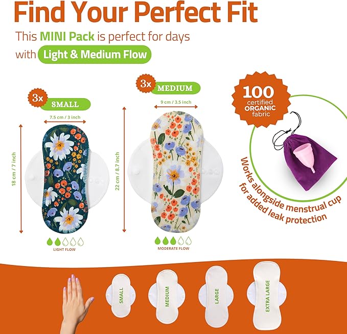 Organic Cotton EcoComfort Reusable Period Pads for Light Flow (S+M, 6-Pack); High-Temp Washable Cloth for Women & Teens; Non-Irritating, Soft Reusable Menstrual for Comfortable Period Care