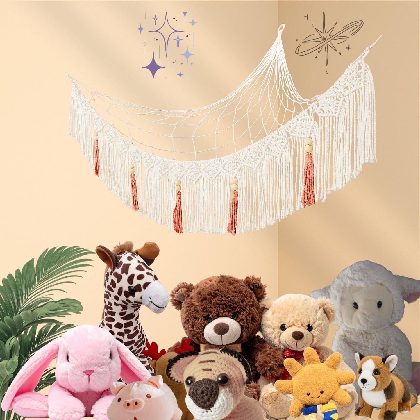 SYSYNA Corner Stuffed Animal Hammock - Large Macrame Wall Mounted Plush Toy Storage Net, Kids Room Decor