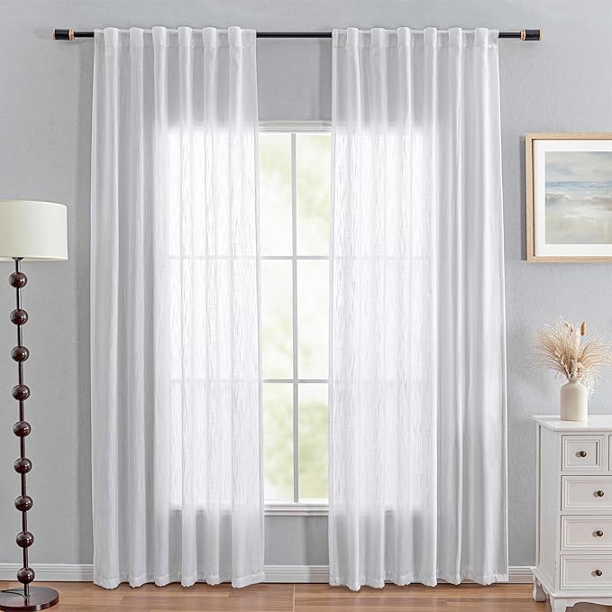 MYSKY HOME White Curtains 80 Inch Length 2 Panels Set, Semi Sheer Cotton Blend Soft Touch Light Filtering Drapes for Doorways Sliding Glass Door, 50" Wide per Panel, White, 2 PCs