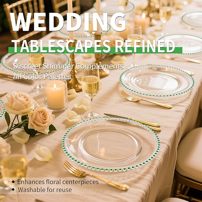 24 Pack Clear Charger Plates Bulk Wedding, 13 Inch Plastic Round Dinner Chargers with Green Beaded Rim, Acrylic Round Decorative Plates for Wedding Party Home and Tabletop Decor (Green)