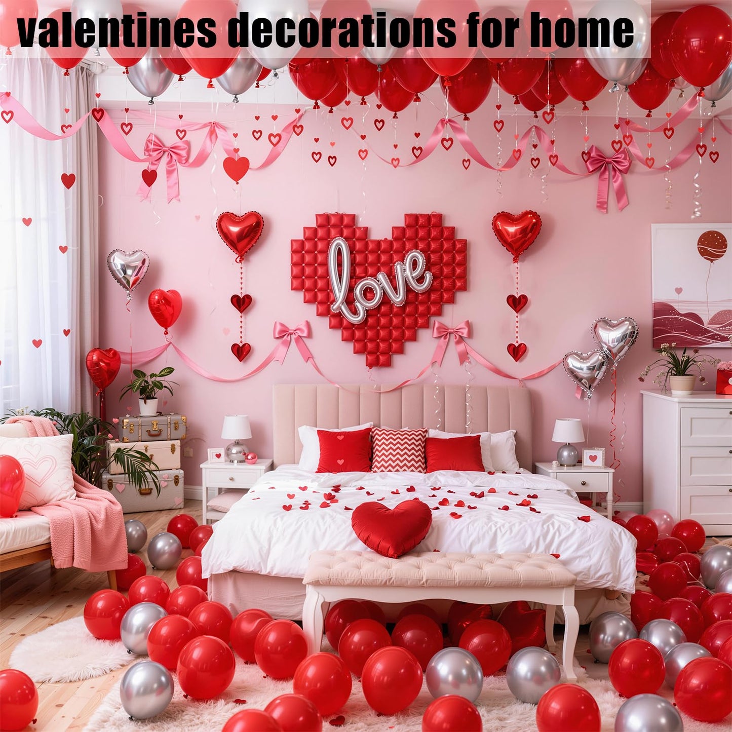 648PCS Valentines Party Decorations Kit with Rose Petals, Red and Silver Heart Balloons, Valentines Day Decor for Home, Wedding Decorations, Anniversary, Galentines Day Party