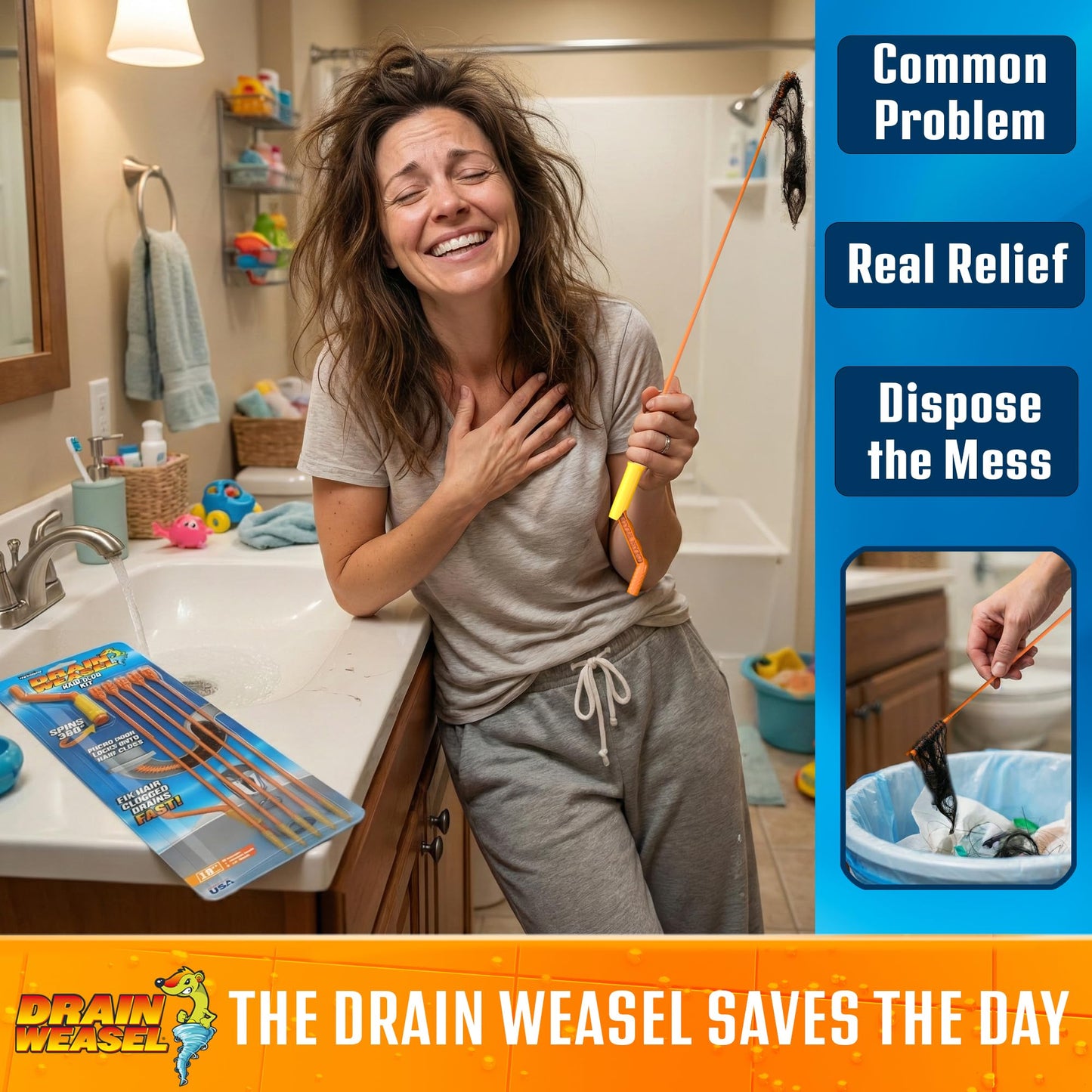 FlexiSnake Drain Weasel Sink Snake Hair Clog Remover Tool, Sink, Pipe, Bathroom, Bathtub Drain Cleaner, 18-inch Long, Flexible, Made in The USA, 10 Pack Wand Refills and Removable Handle