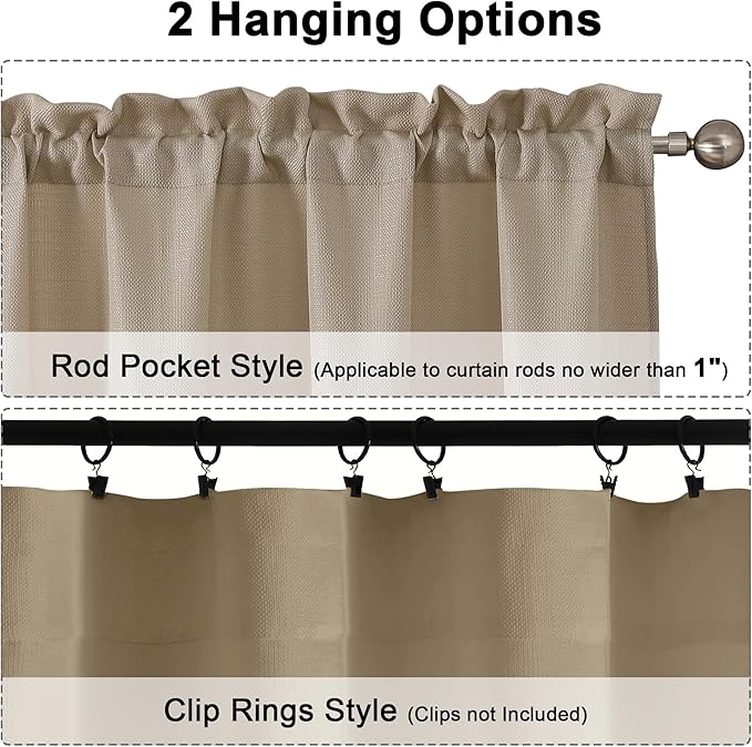 Chyhomenyc Camel Faux Linen Slub Textured Semi Sheer Small Window Kitchen Valance Curtain, Rod Pocket Cafe Valance for Bathroom Laundry Basement, 30Wx14L inch, 2 Piece