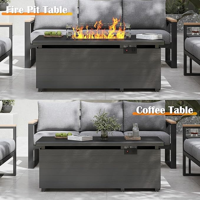 Sundale Outdoor 7 Pieces Patio Furniture Set with Fire Pit Table, L-Shaped Outdoor Sectional Sofa with 6 Inch Olefin Cushion, All-Weather Modern Metal Outdoor Conversation Sets
