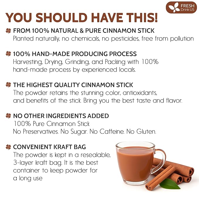 FreshDrinkUS, Premium Cinnamon Powder 8oz – Pure Ground Cinnamon for Baking, Cooking, Smoothies, and Tea – Freshly Packed in Resealable Pouch