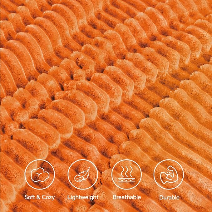 INFIIXSO Sherpa Fleece Queen Size Blanket - Super Soft & Warm Striped Fleece, Cozy Plush Fluffy Large Bed Blanket All Season Use (Burnt Orange, 90x90 Inches)