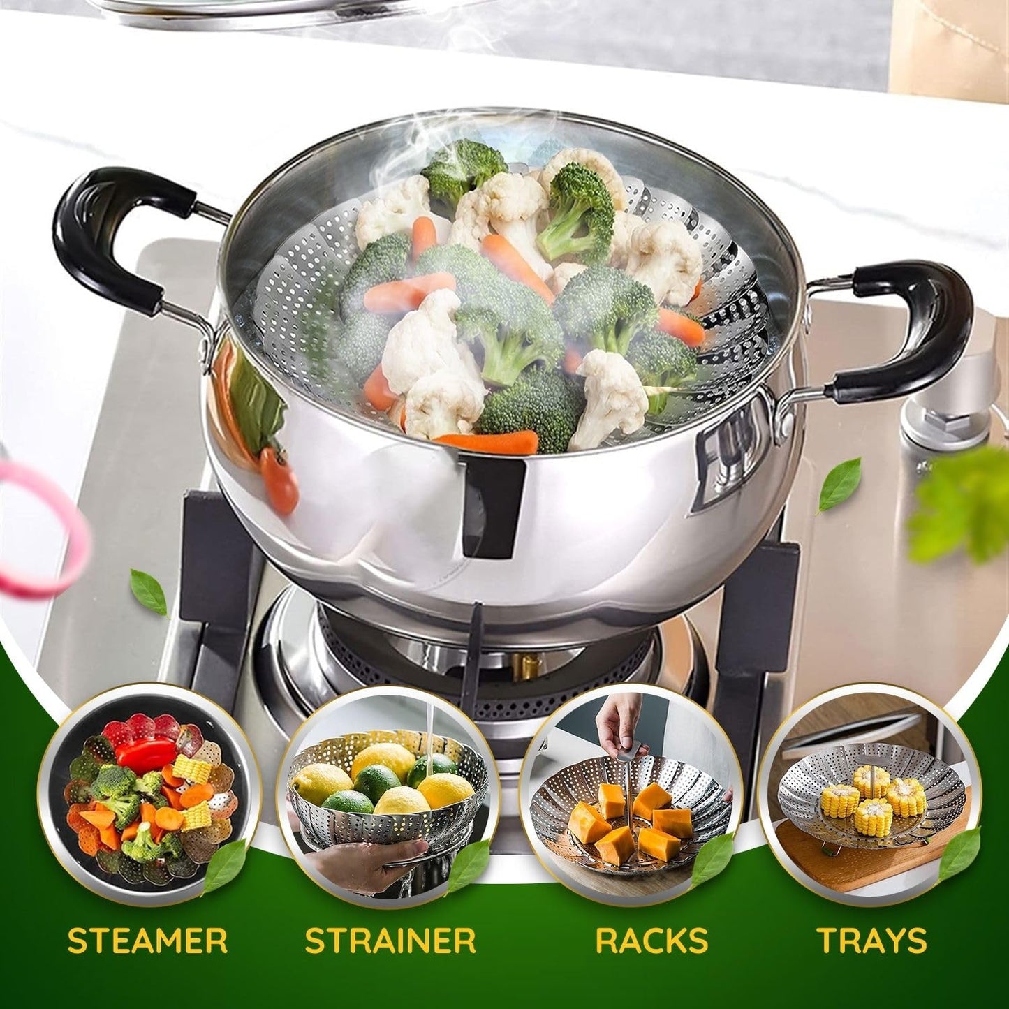 Flexzion Vegetable Steamer Basket for Pot - Stainless Steel Steaming Basket for Veggie, Fish, Meats, Eggs - Extendable Expandable Foldable Steam Basket w/Handle for Various Pot Size, 7 to 11 Inch
