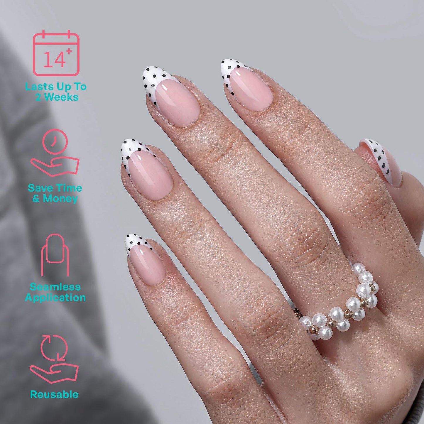 White French Tip Polka Dots Press on Nails Medium Almond - GJZEZ Soft Gel Black Dots on a Crisp White Base Fake Nails for Women, Cute Natural Reusable Glue On Nail in 16 Sizes - 32PCS, Playful Dotted