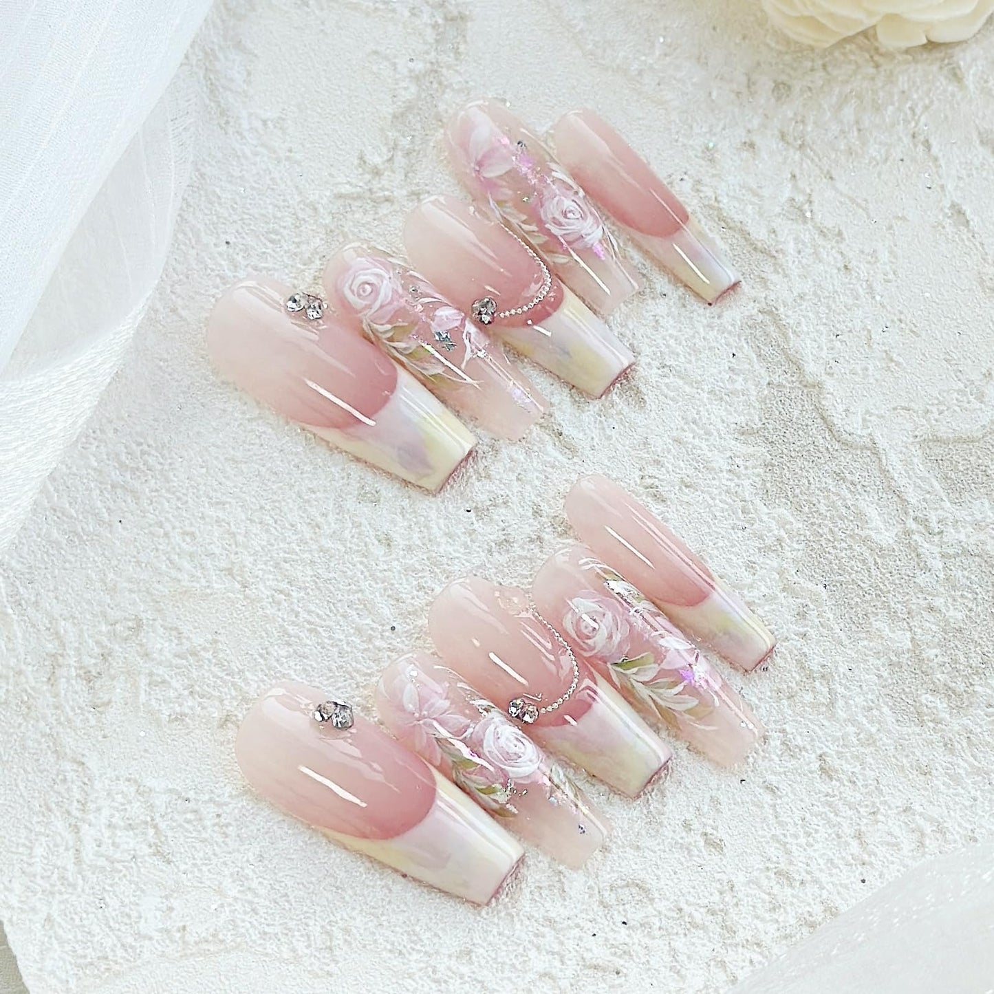 LARSOOY Nails Handmade Press on Nails Long Coffin | Handmade nails with flowers | Reusable hand painted Nails with Design | False Nails 10 Pcs (Rosa Multiflora, M)