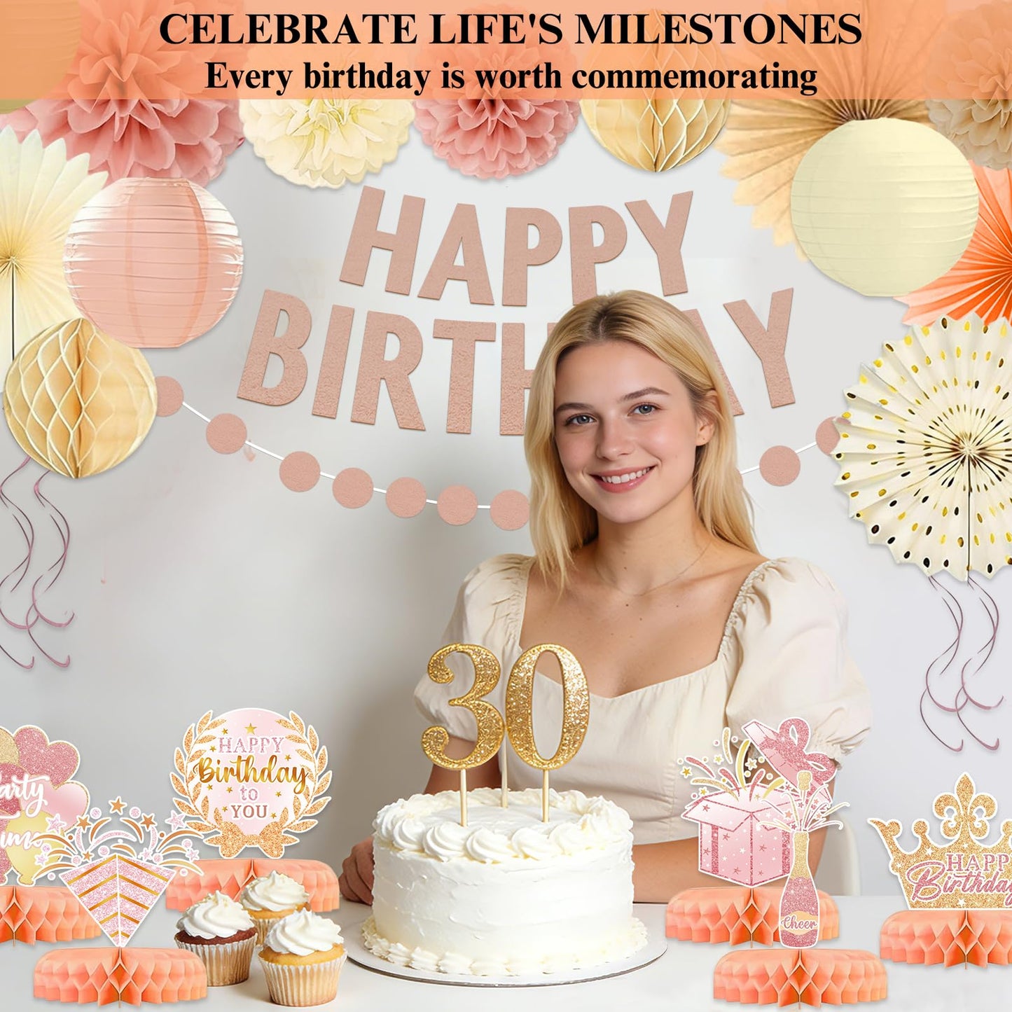 Birthday Party Decorations, Champagne Gold Beige Fall Boho Girl Birthday Decor, Rustic Backdrop Decor Autumn Neutral Retro Happy Banner with Paper Streamers Lanterns, Tissue Pom Poms Fan