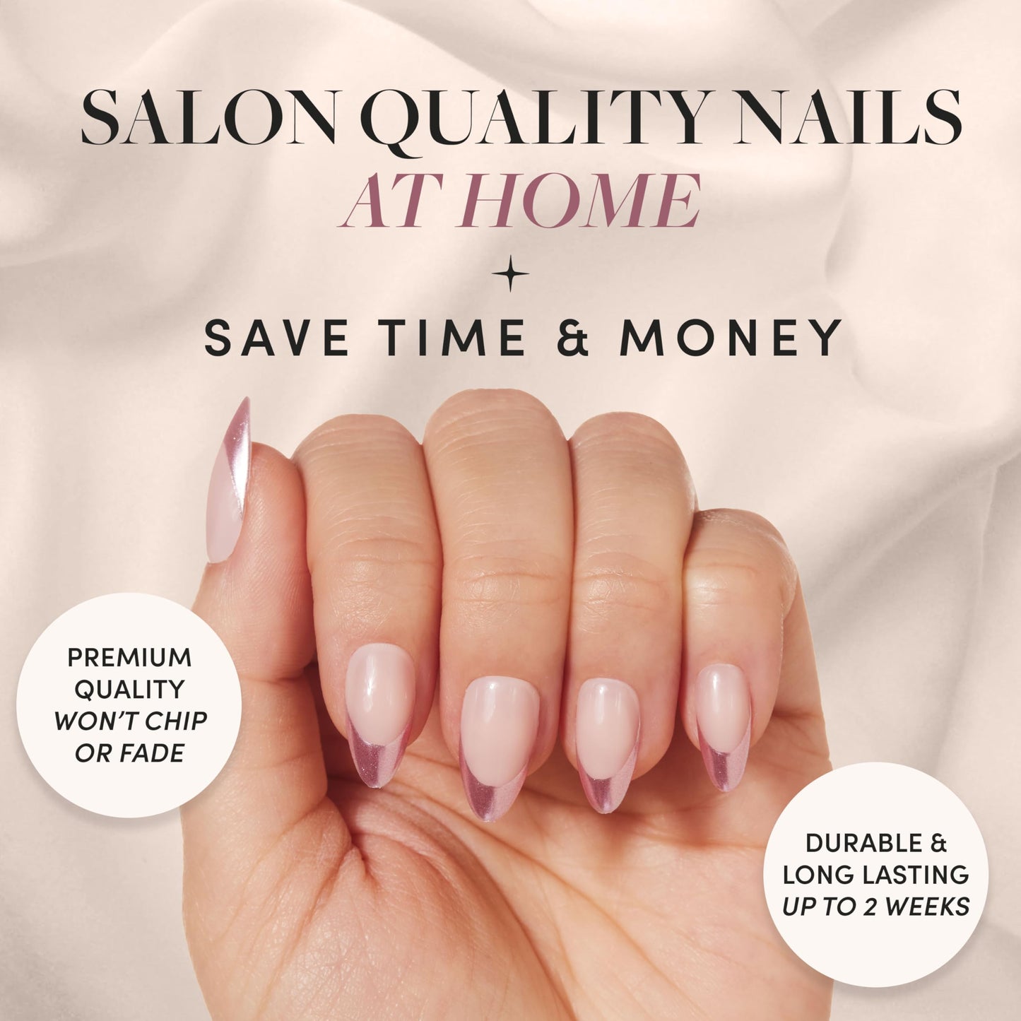 Glamnetic Press-On Nails & Adhesive Nail Tabs - Rock Candy | Short Almond Nails with Pink Chrome French Tips | 15 Sizes - 30 Nail Kit with Adhesive Tabs
